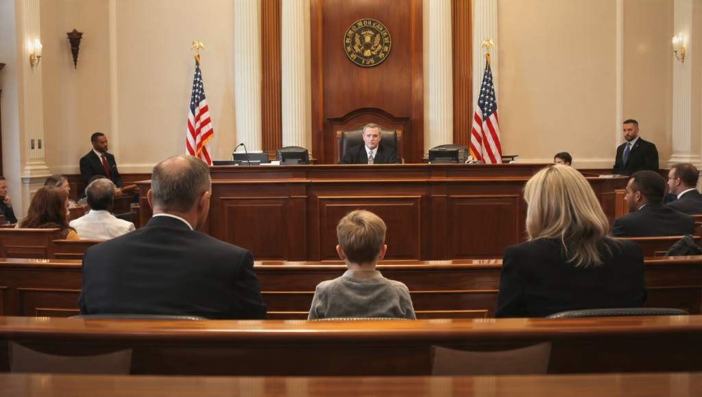 Courtroom scene illustrating temporary custody hearing for parent-child visitation.