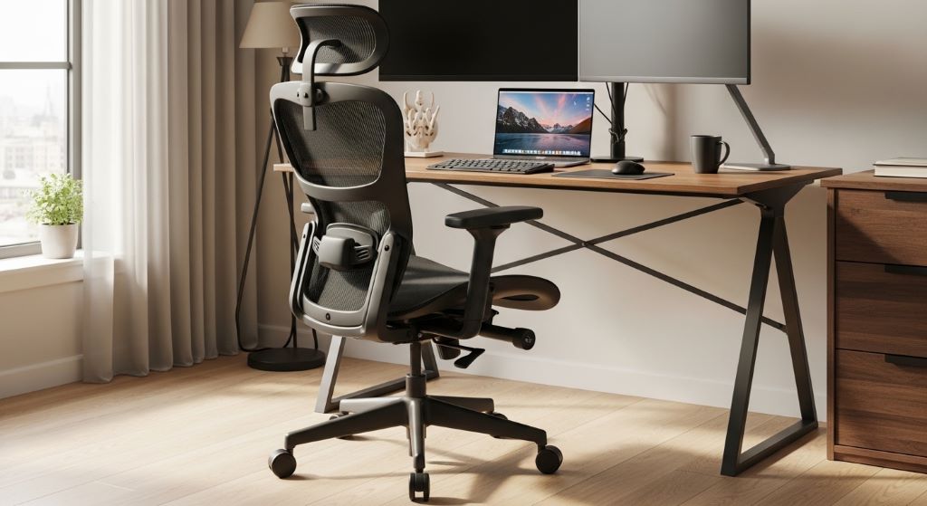Properly adjusted home office chair with correct height and lumbar support for remote work comfort