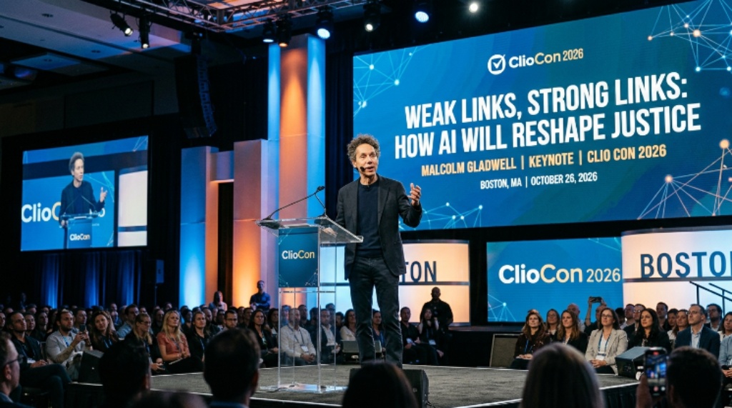 Malcolm Gladwell presenting his keynote Weak Links, Strong Links: How AI Will Reshape Justice on the main stage at ClioCon 2026 in Boston, Massachusetts, on October 26, 2026