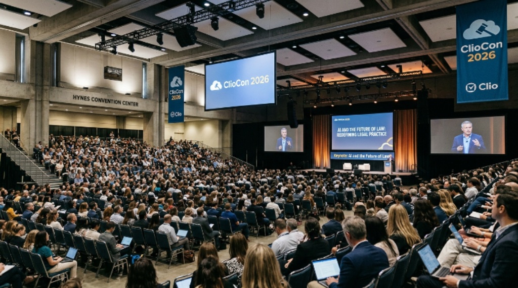 Thousands of legal professionals and technology leaders gathered inside the Hynes Convention Center in Boston for ClioCon 2026, listening to a keynote on AI and the future of law