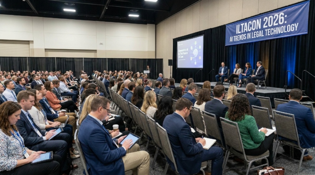 Attendees at a panel discussion during ILTACON 2026 exploring AI trends in legal technology
