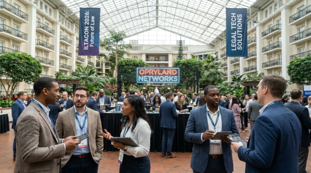 Legal technology professionals networking at ILTACON 2026 inside the Gaylord Opryland Resort in Nashville