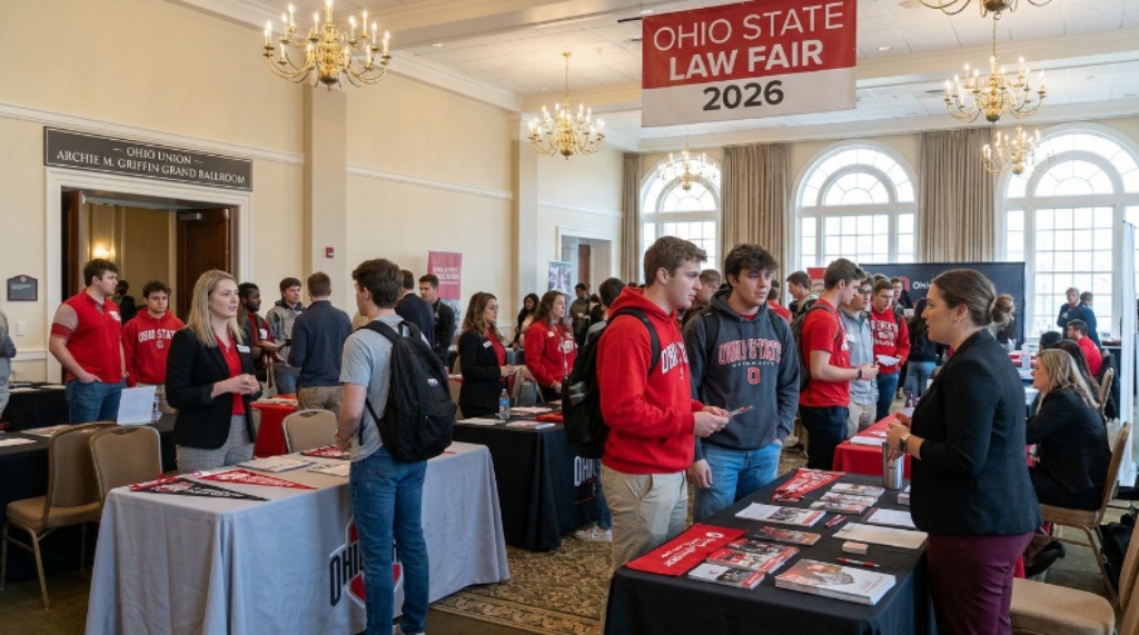 Pre-law students speaking with law school admissions representatives at booths inside the Archie M. Griffin Grand Ballroom during the Ohio State Law Fair 2026 at the Ohio Union in Columbus