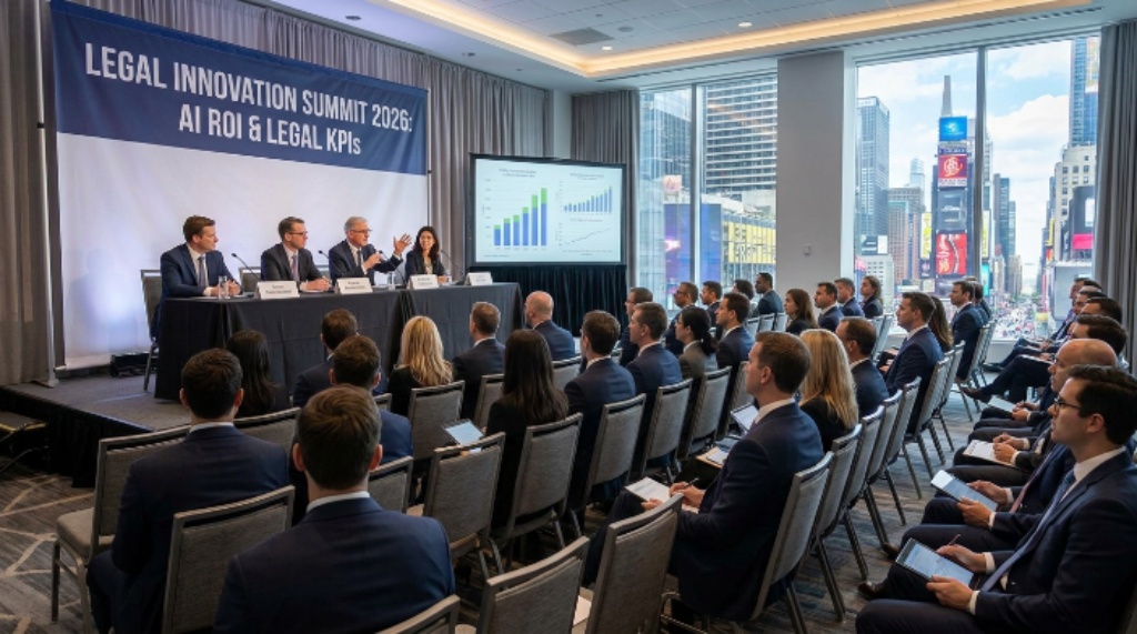 Senior in-house counsel and legal technology executives attending a panel session on AI ROI and legal KPIs at the 2026 conference in midtown Manhattan