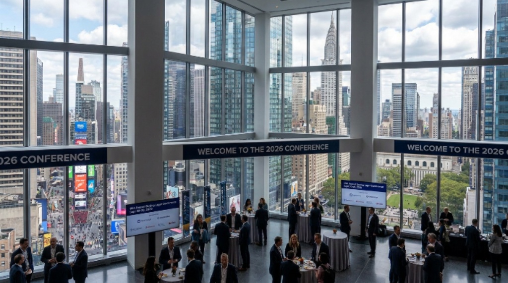 Panoramic view of midtown Manhattan from the 15th-floor venue at 3 Times Square during the 13th Annual Buying Legal Conference on September 29 and 30, 2026