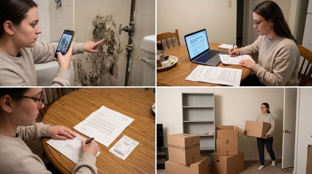 Housing inspector reviewing rental unit for habitability code violations