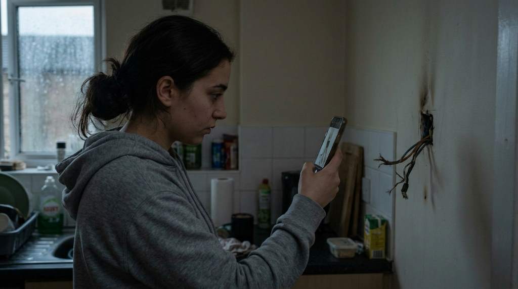 Tenant photographing mold on apartment wall as evidence of safety violation