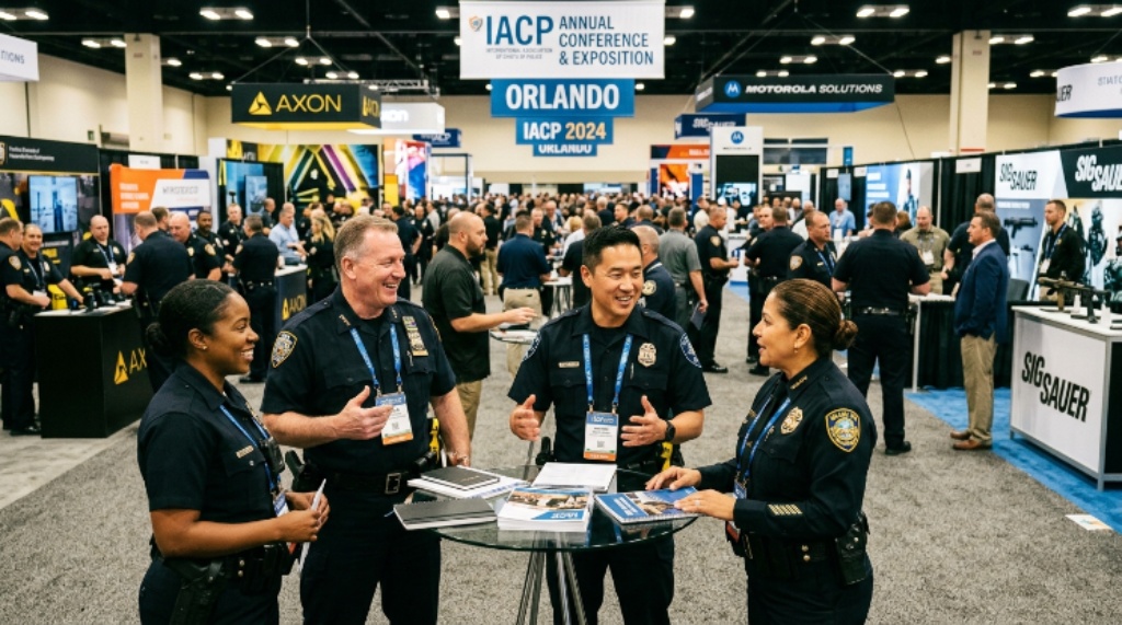 Law enforcement professionals networking at the IACP Annual Conference Exposition Hall in Orlando