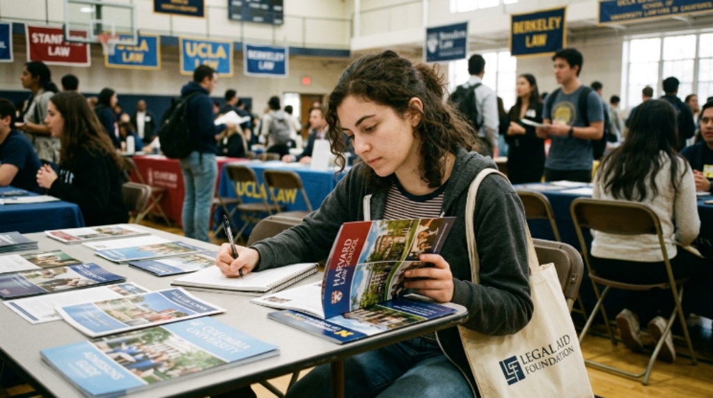 A student taking notes while reviewing law school brochures at a law school fair event