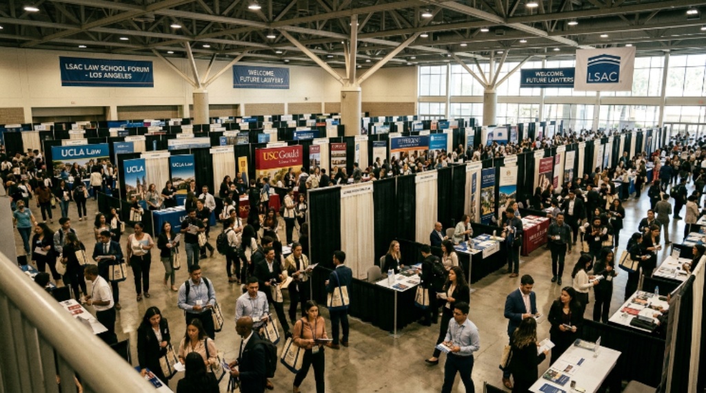 A busy convention hall filled with law school booths and visitors at the LSAC forum in Los Angeles